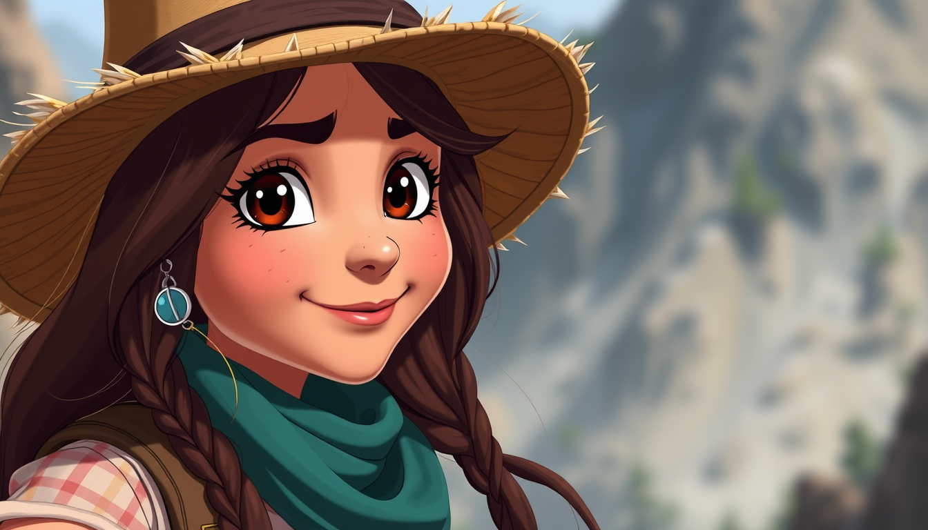 Main art studio: chica de 40 años, aventurera y de montaña con sombrero, pelo largo y morena, ojos grandes, nariz grande y ojos marrones a modo de disney