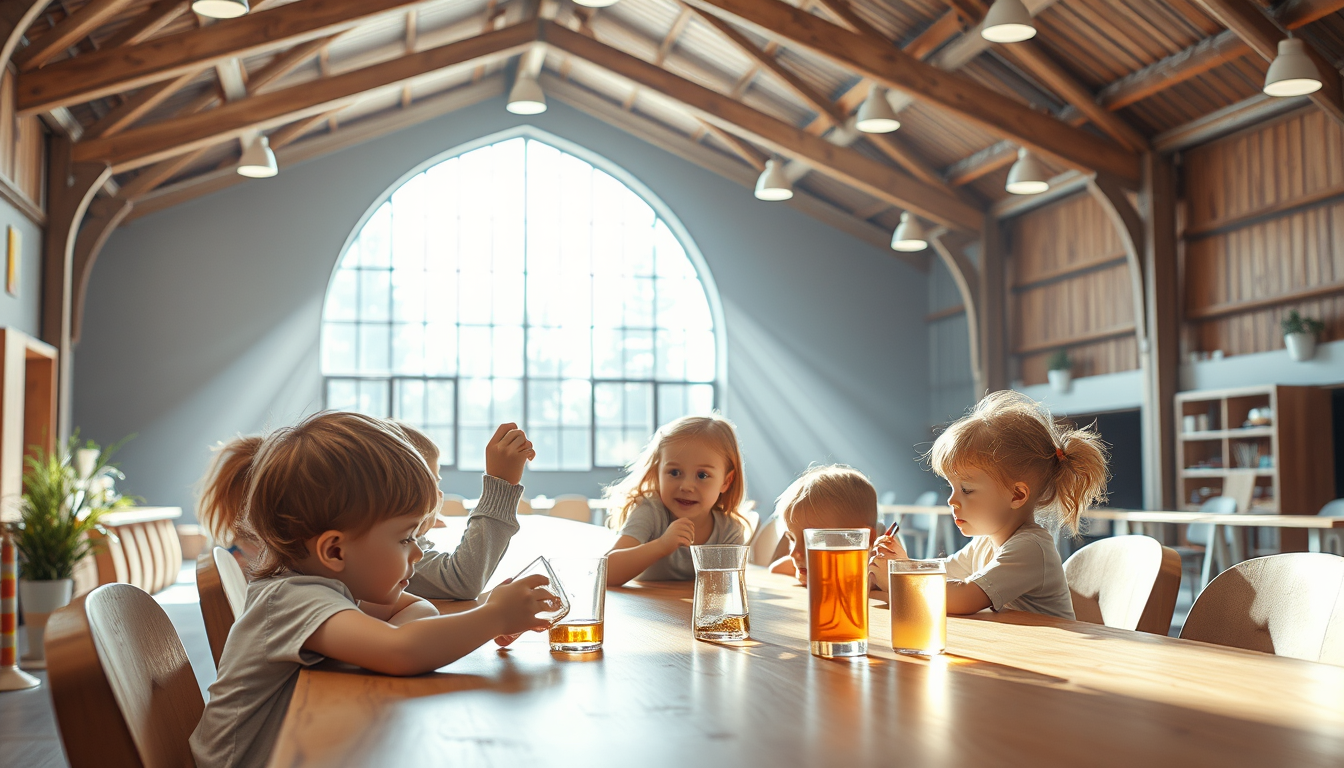 AI Art prompt example created from the prompt: mache mir ein bild von einer random aktivitat drinen für kinder in einer halle