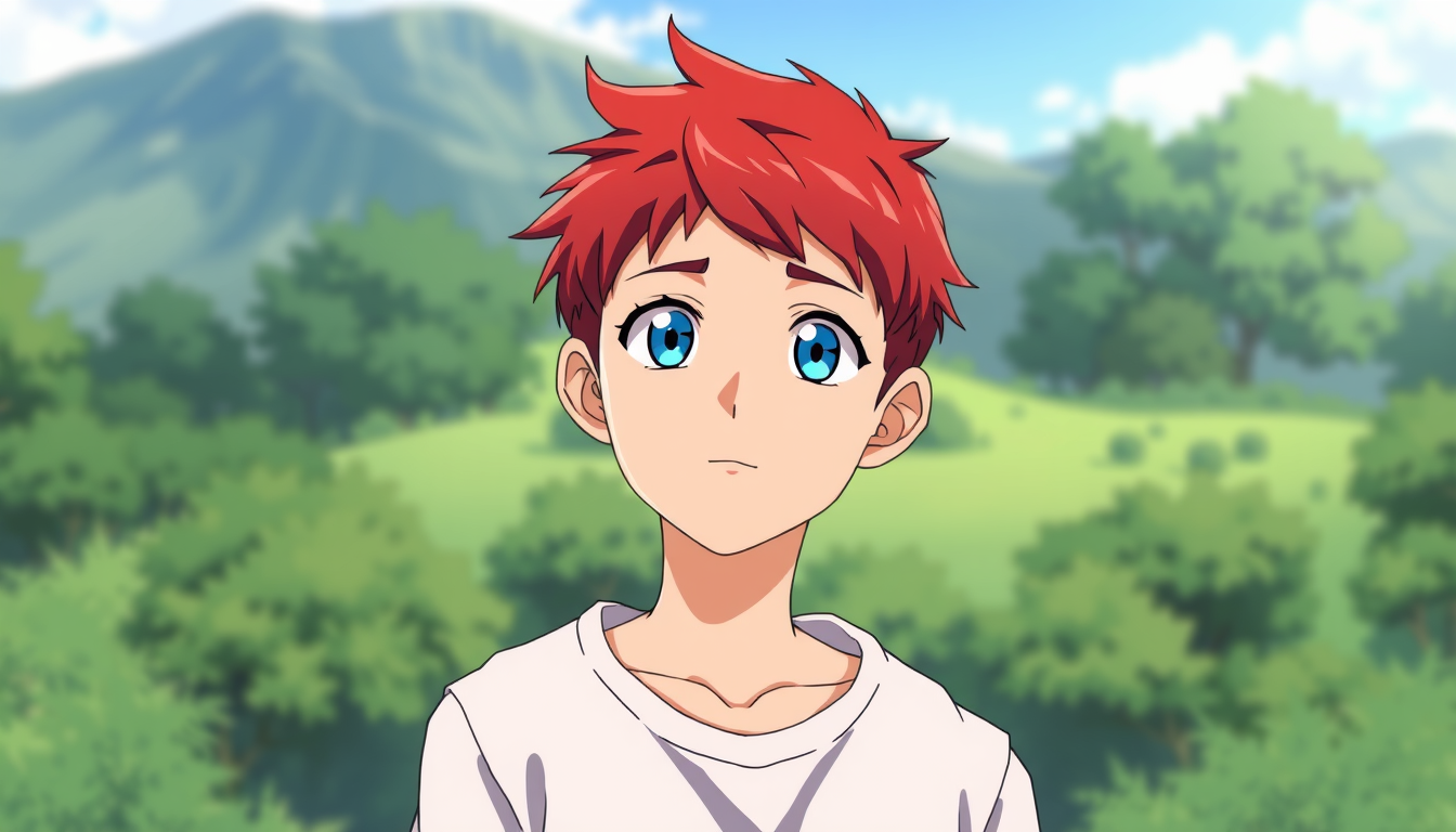 AI Art prompt example created from the prompt: un chico de 15 que mida 1,73 con pelo corto y rojo y sus ojos azules y que todo sea como de un anime