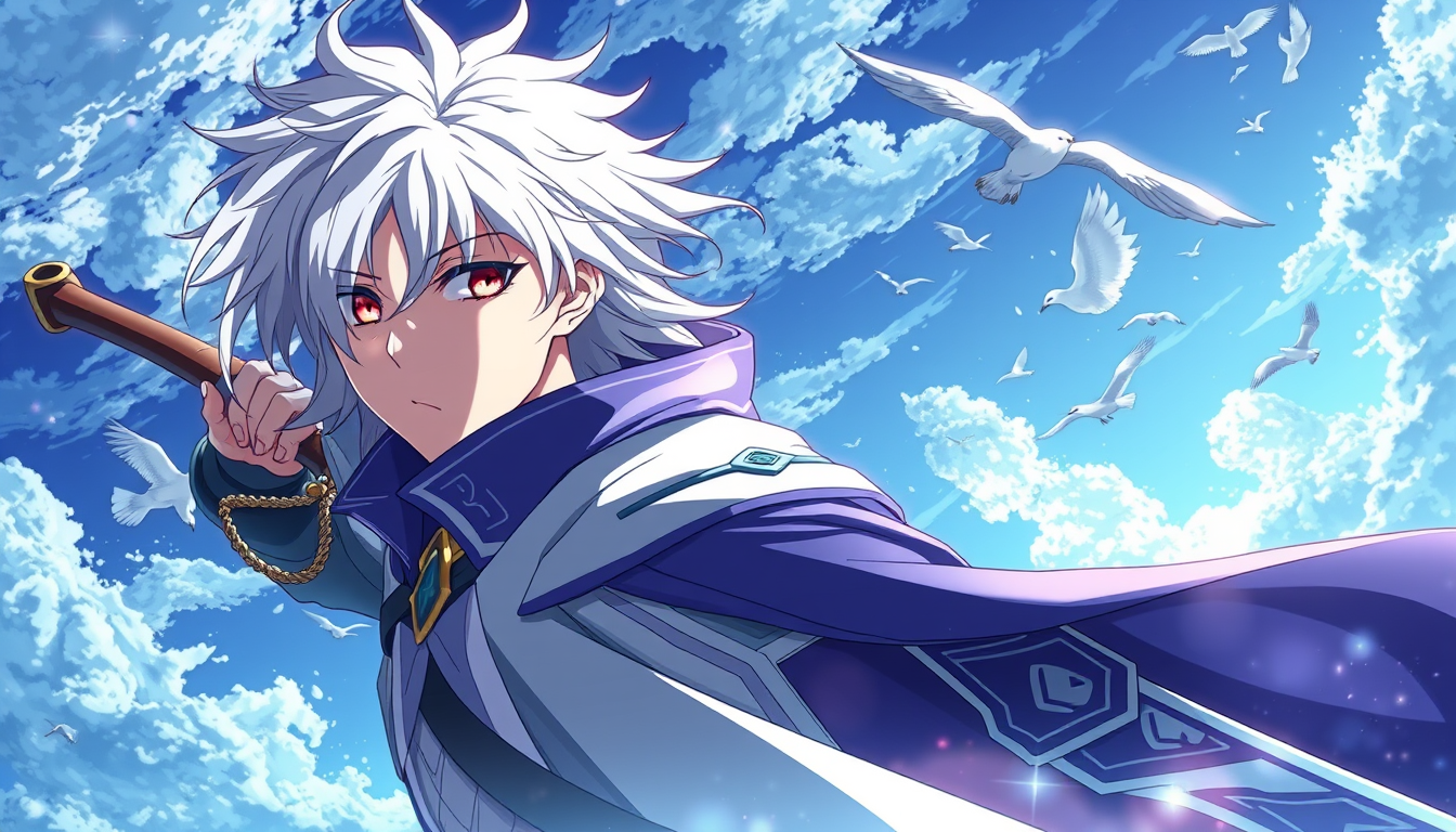 AI Art prompt example created from the prompt: Faça um personagem de anime, que apareça com um herói, que exala poder. Com um vilão derrotado ao lado dele, o herói com cabelo comprido e b