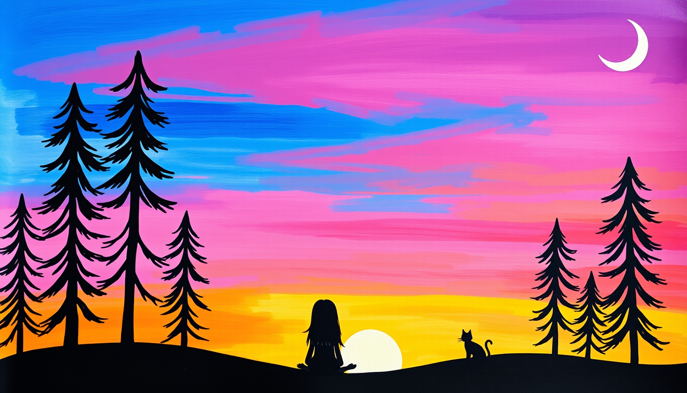 Main art studio: A simple colourful painted forest at sunset, suitable for a 10-year-old student to recreate. A bright sky blending blue, purple, pink, orange and yell