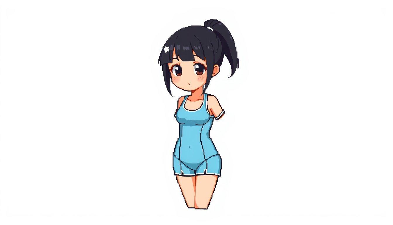 Sprites idea: pixel art game sprite, clean pixel grid, retro 16-bit palette, A cute 11-year-old Korean girl in a Japanese anime style, shown in full body. She has a