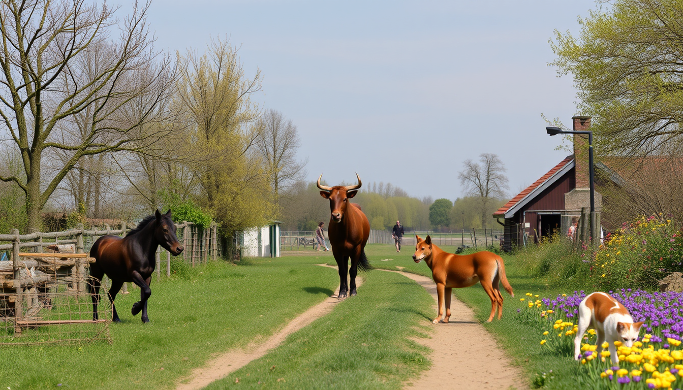 Main art studio: aan de linkerkant een boerderij met trekker en koeien en dan in het midden een paadje naar een hart en dan aan de rechterkant een bloemenveld met een