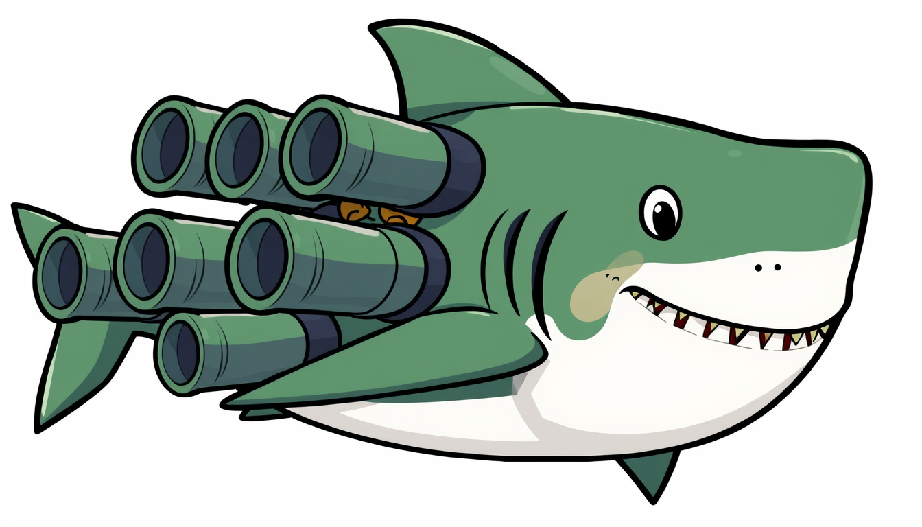 Main art studio: 2D cartoon shark, exactly six cannons, six large cannon barrels attached to its body and back, green and black shark, two small normal white eyes, coo