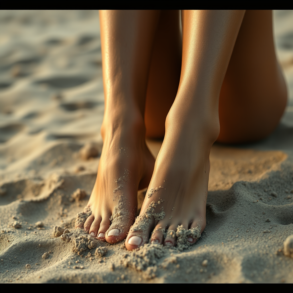 Realistic Images idea: photorealistic generated image, natural materials and skin texture, physically plausible lighting, Photo of a woman sitting on the beach. Her feet hav