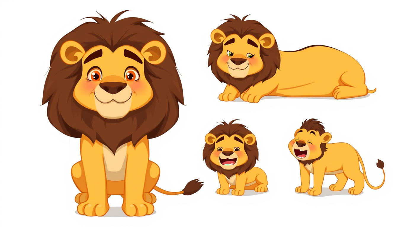 AI Art prompt example created from the prompt: 2D hand-drawn cartoon character sheet for a children's fable. One friendly adult male lion, golden-yellow fur, thick dark-brown mane, amber 