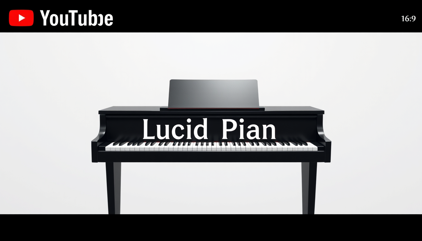 YouTube Banners idea: youtube channel banner, wide 16:9 composition, bold branding graphics, Simple classy piano in middle, light grey color layered background. Words are :