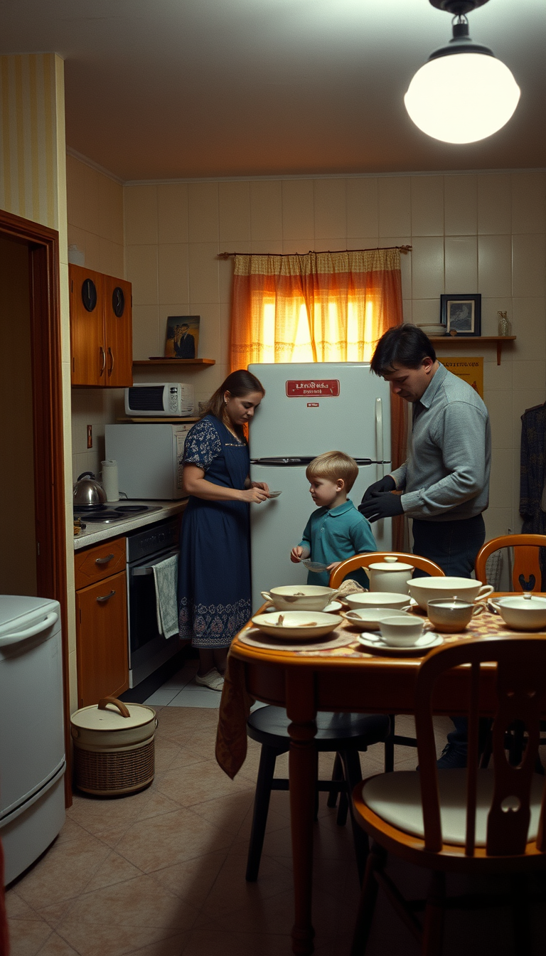 Main art studio: Photorealistic Soviet-era family kitchen in the mid-1980s, warm evening light, modest small apartment kitchen, mother preparing dinner, father and you