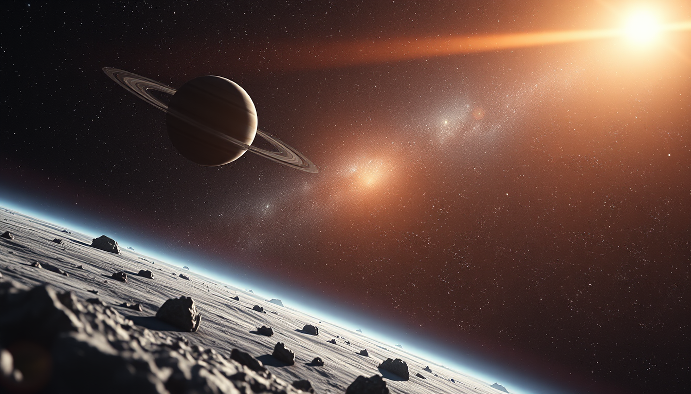 AI Art prompt example created from the prompt: Epic photorealistic cinematic view of the outer Solar System fading into an enormous unknown universe, tiny ancient icy objects in the foreg