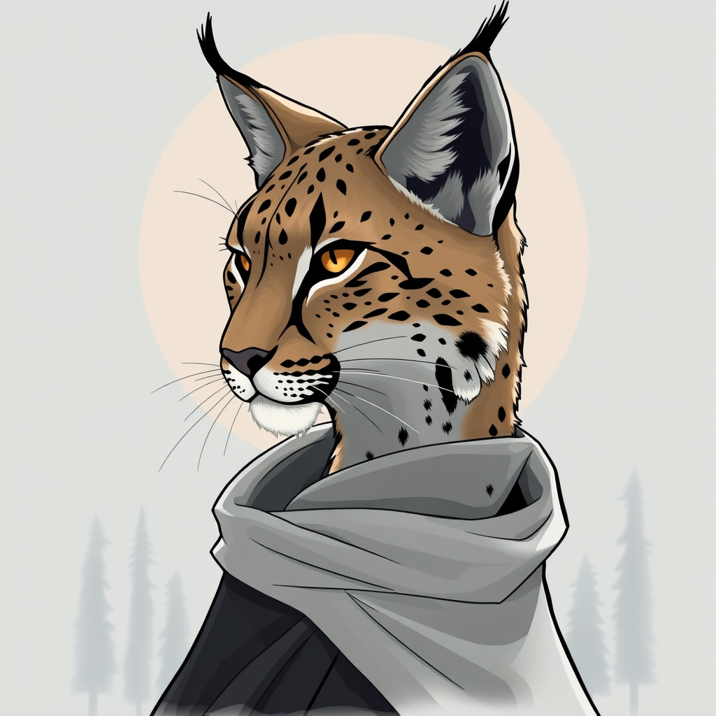 Main art studio: Image de profil. Style dessin. Lynx humanoïde aux oreilles touffues et yeux dorés hypnotiques, pelage tacheté élégant. Cape sombre à capuche entrouver