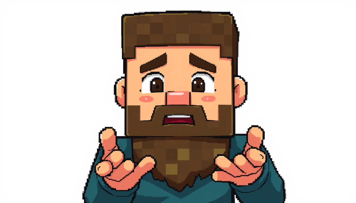Main art studio: “A pixelated Minecraft-style character with a beard, explaining something with his hands, expressive gestures, front view, detailed pixel art.”