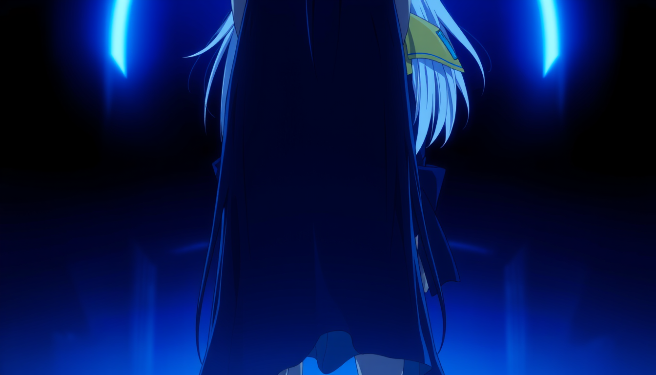 Main art studio: A dark, blue-toned anime scene featuring two characters standing very close together. The foreground character is shown mostly from behind standing on