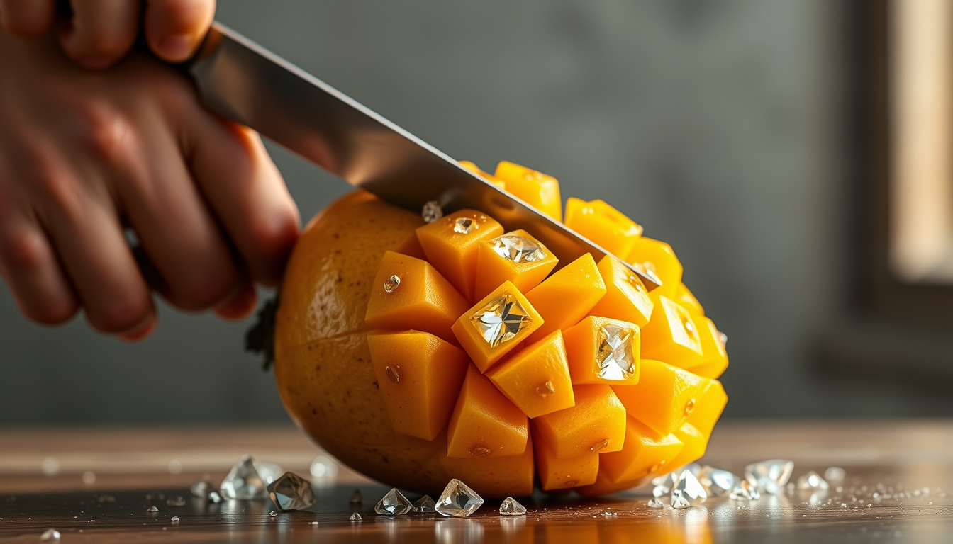 Main art studio: generate a 6 second video with audio with a kinfe cutting an golden mango with dimonds in it