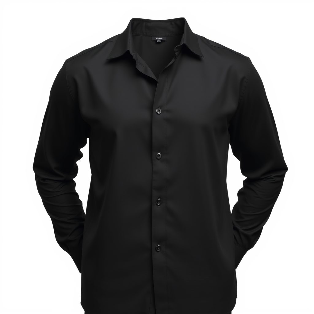 Main art studio: Premium men's black slim-fit full-sleeve button-up shirt, classic collar, visible buttons, front view, shirt only, no t-shirt, no person, no mannequin