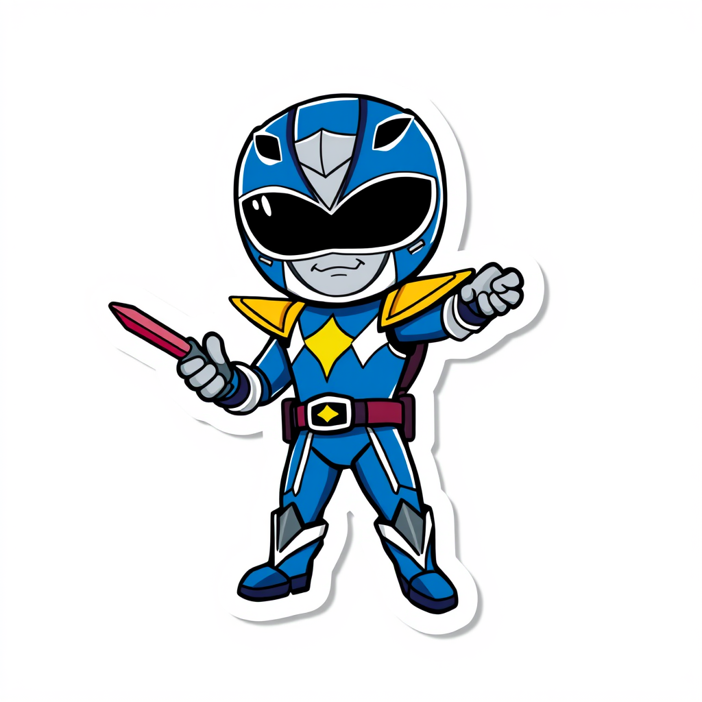 Stickers idea: custom sticker art, bold outline, isolated subject, vibrant color, kawaii or cartoon style, Create a sticker of full Body Blue Power Ranger operation