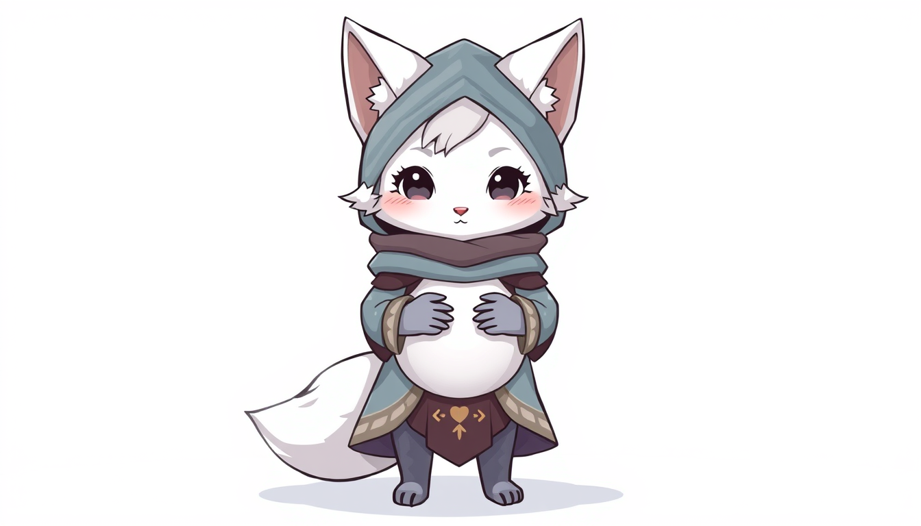 Main art studio: chibi very gravid, heavily pregnant snowy fox mage with her hands on her belly, wearing an ice mage's attire excluding a hat, clean lineart