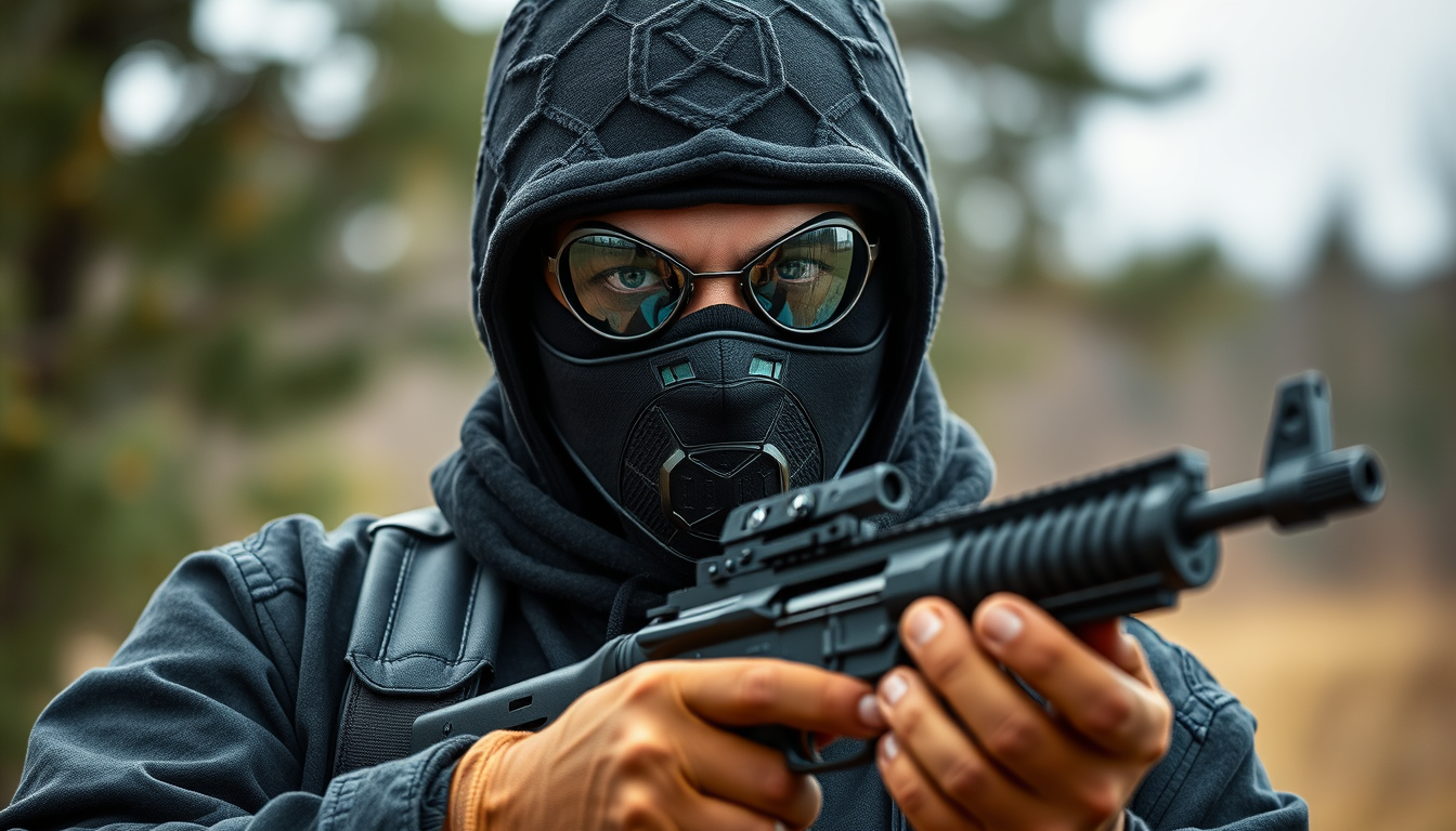 Main art studio: Maskierter Mann mit Hexagon Maske und mp40 in der Hand