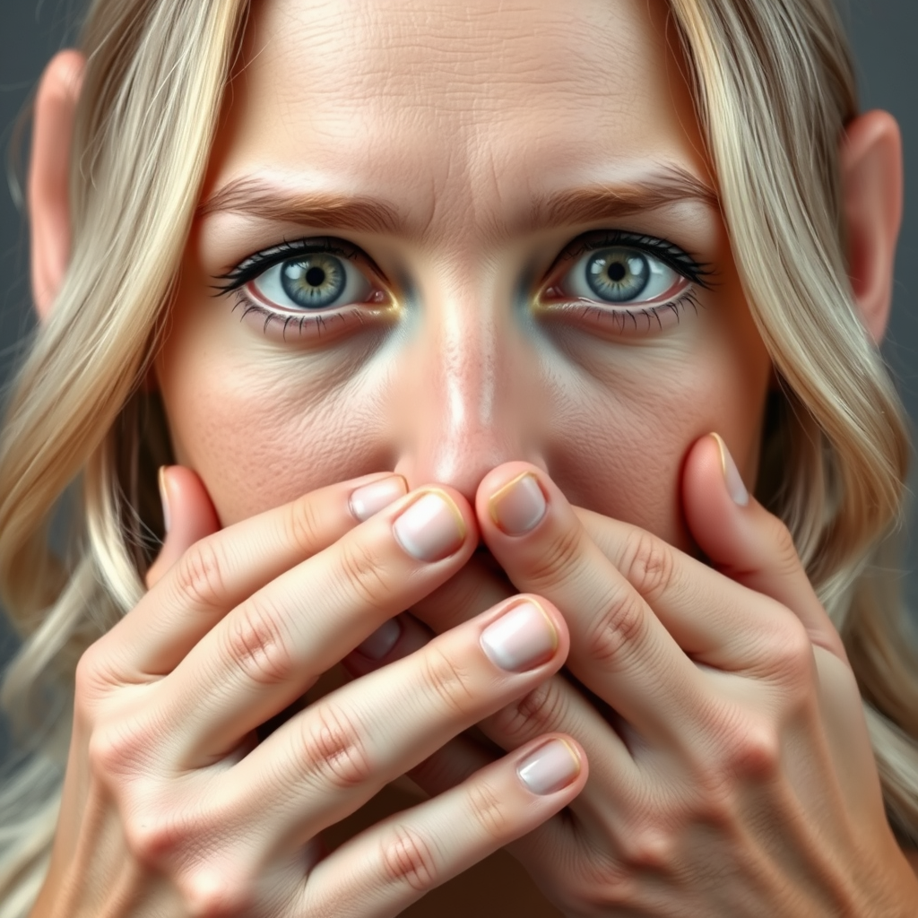 Main art studio: Photorealistic close-up of an adult fair-skinned blonde woman with blue-gray eyes and long wavy hair, facing directly forward with a completely expres