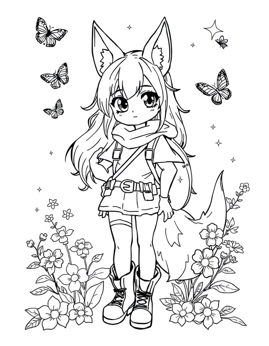 Main art studio: Crea una página de libro para colorear estilo anime, chica zorrita aventurera original, cuerpo completo, ojos grandes, cabello largo, orejas y cola de