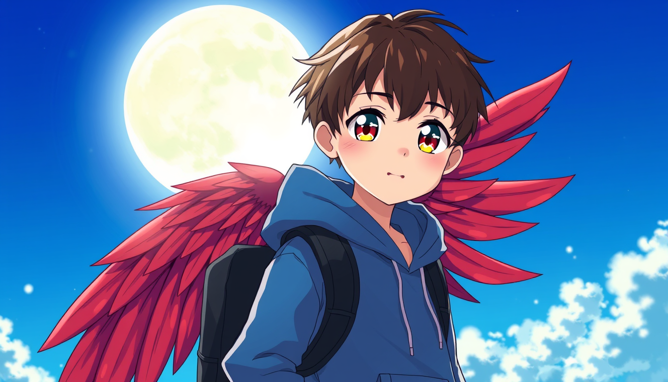 Anime idea: anime style, vibrant colors, expressive eyes, Cute anime boy, big sparkling eyes, short brown hair, blue hoodie, black backpack, huge red feathered wi