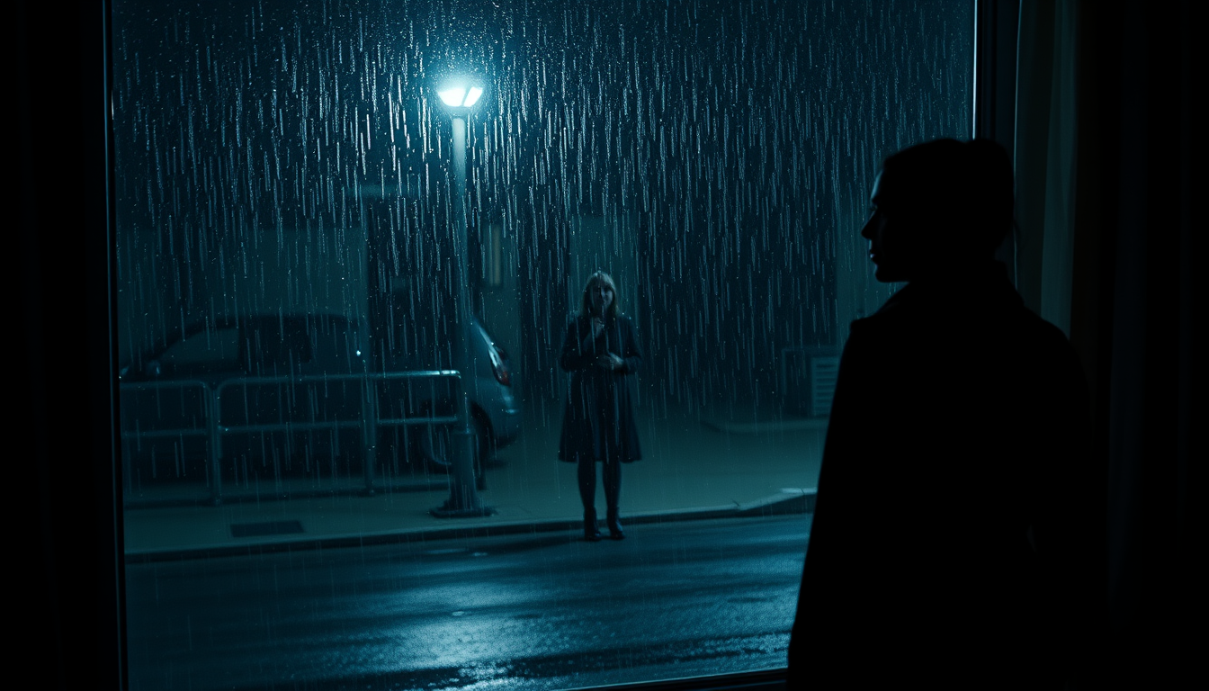 Main art studio: A cinematic psychological thriller scene at night, a young woman standing alone inside a modern apartment, looking terrified through a large rain-cove
