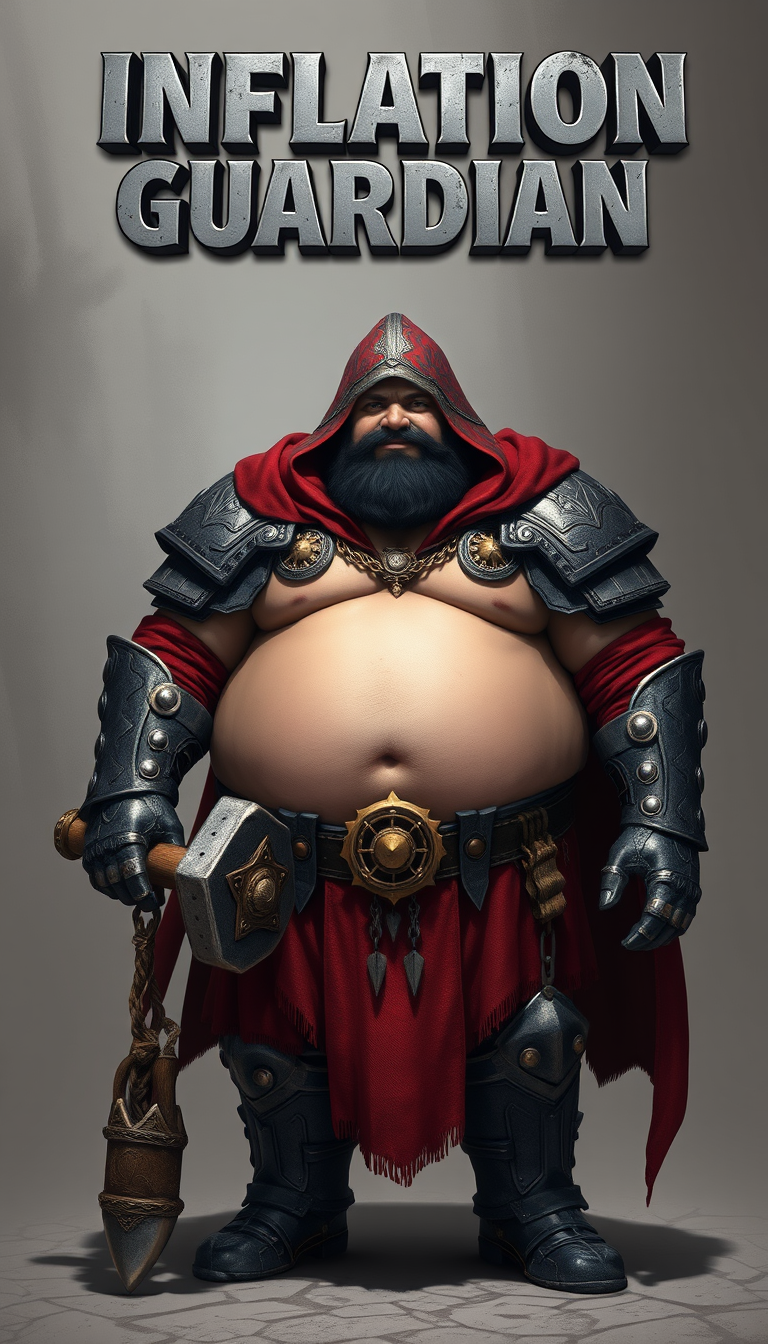 Main art studio: adult male, black hair, fat belly warrior fat belly out of iron armor, wearing war hood, dark iron armor with red linen armor design, holding a hammer