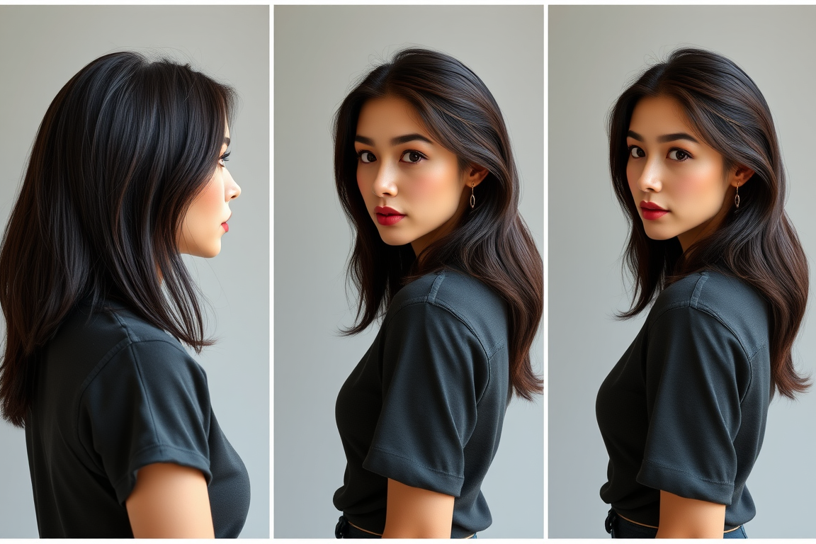Main art studio: Ai influencer preset images, female, head similar to bulma in her 20s, full body photo, 3 shots front side back, professional, normal clothes, hyperre