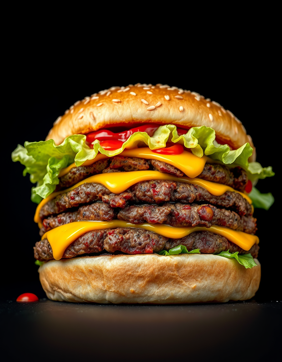 Main art studio: Extreme close-up editorial food photograph of an enormous monster-themed American hamburger, towering layers of beef, melted cheese, crispy lettuce, c