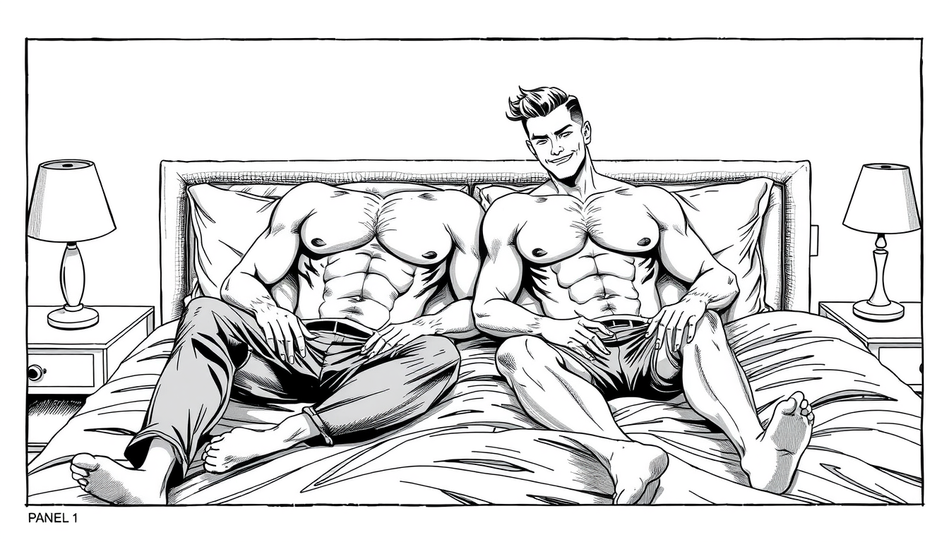 Manga idea created from the prompt: manga panel, black-and-white ink, screentone shading, expressive line weight, zwei Gay(s) (nackt) mit Sixpack. 4 Manga Panels. Panel 1: Cons