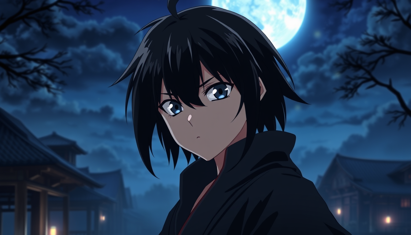 Main art studio: Original anime character, mysterious black-haired young shinobi, glowing dark eyes, black outfit, moonlit village, cinematic lighting, original design