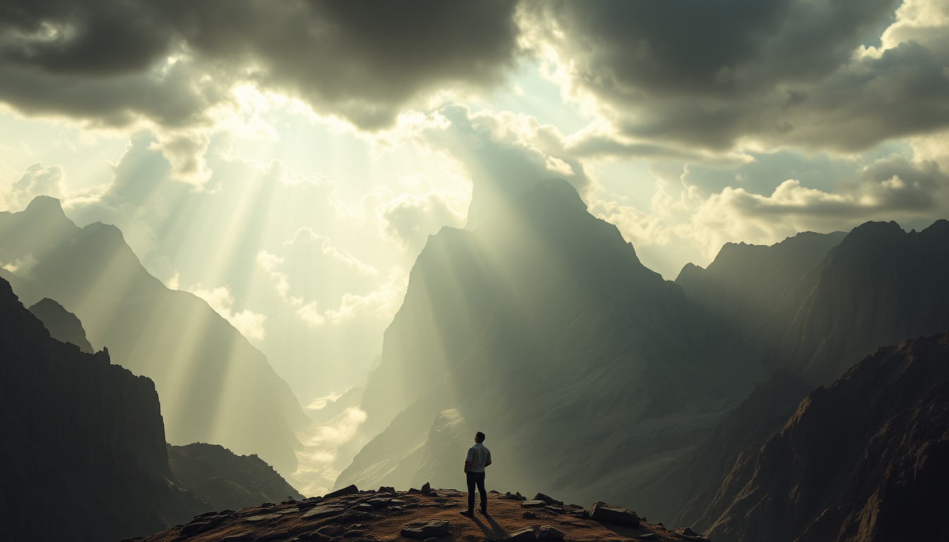 Main art studio: A majestic Islamic cinematic scene of towering mountains disappearing into the clouds, with a tiny human standing at the bottom looking upward in wond