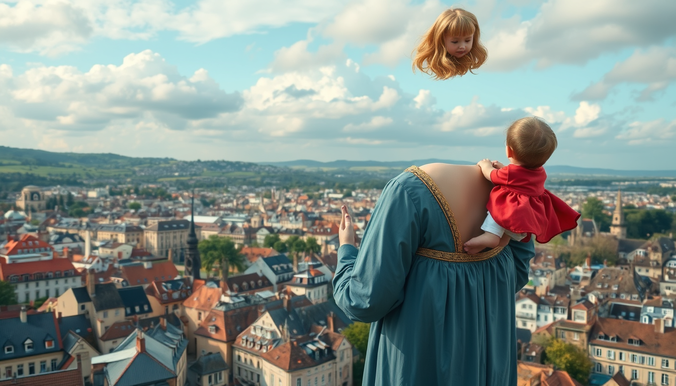 Main art studio: le monde à l'envers une grand mere dans les bras d un enfant dans leciel qsur les nuage au dessus de la ville a l envers