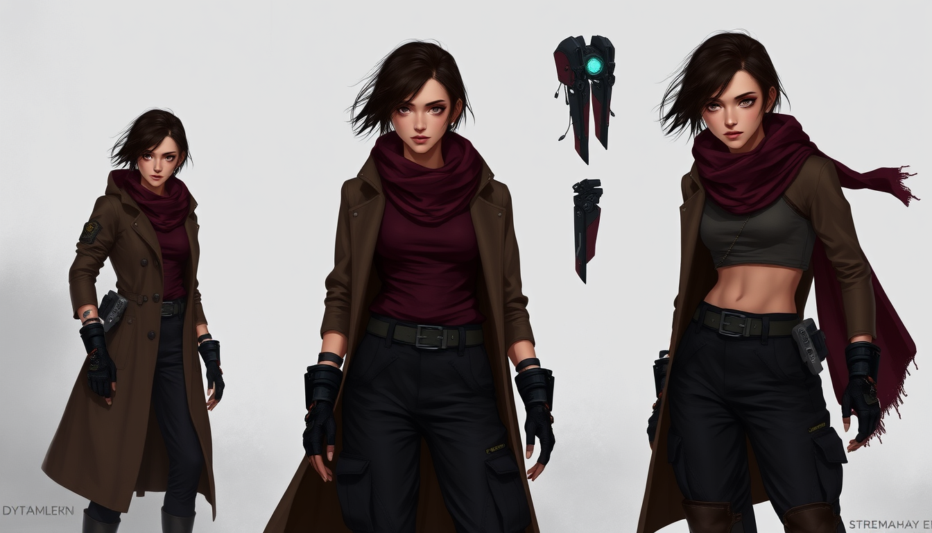 Main art studio: Digital character concept art of a 27-year-old female dystopian freedom fighter. Slender, delicate yet athletic gymnast/dancer build, graceful and agi
