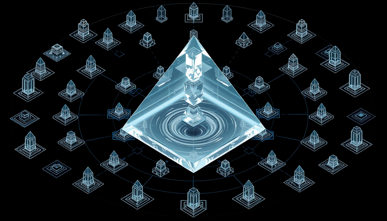 Main art studio: 3D engineering blueprint, black background. Center: one clear quartz double-pyramid, lower part inverted in groundwater. Inside, a water vortex swirls