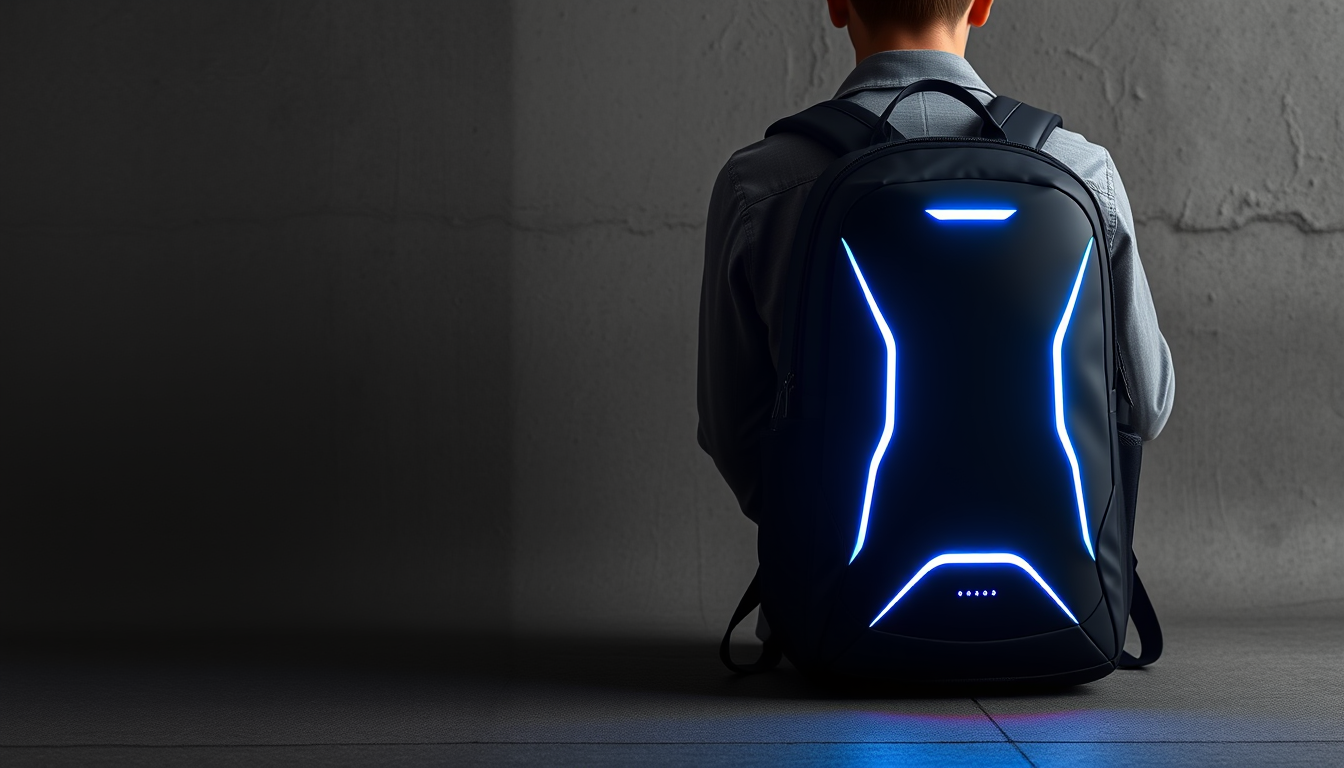 Main art studio: Hi, erstelle mir ein Bild von einem Smart Rucksack, welcher LED Licht, Sprachsteuerung, Ortung, mit dem Handy beidenen kann und modern ist. Bitte auf