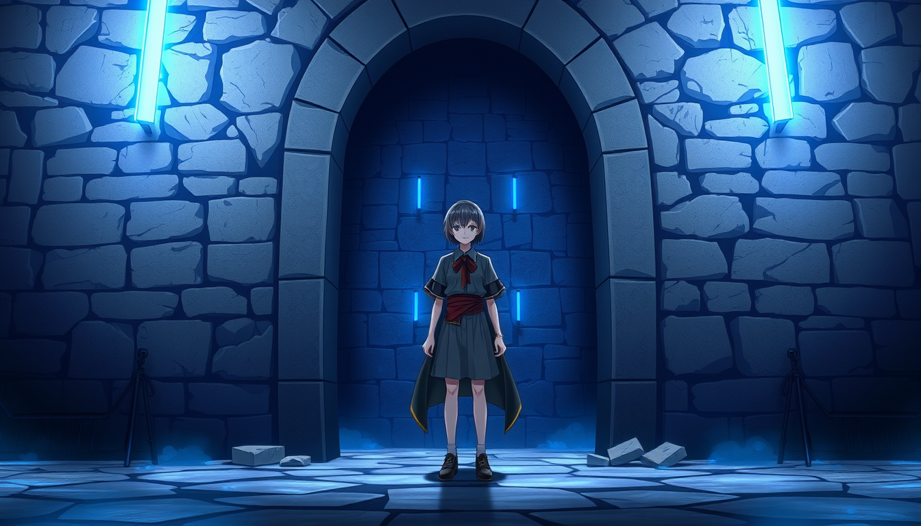 Main art studio: Anime character standing in front of a grey stone wall, blue neon lights, dark fantasy atmosphere, detailed anime art.