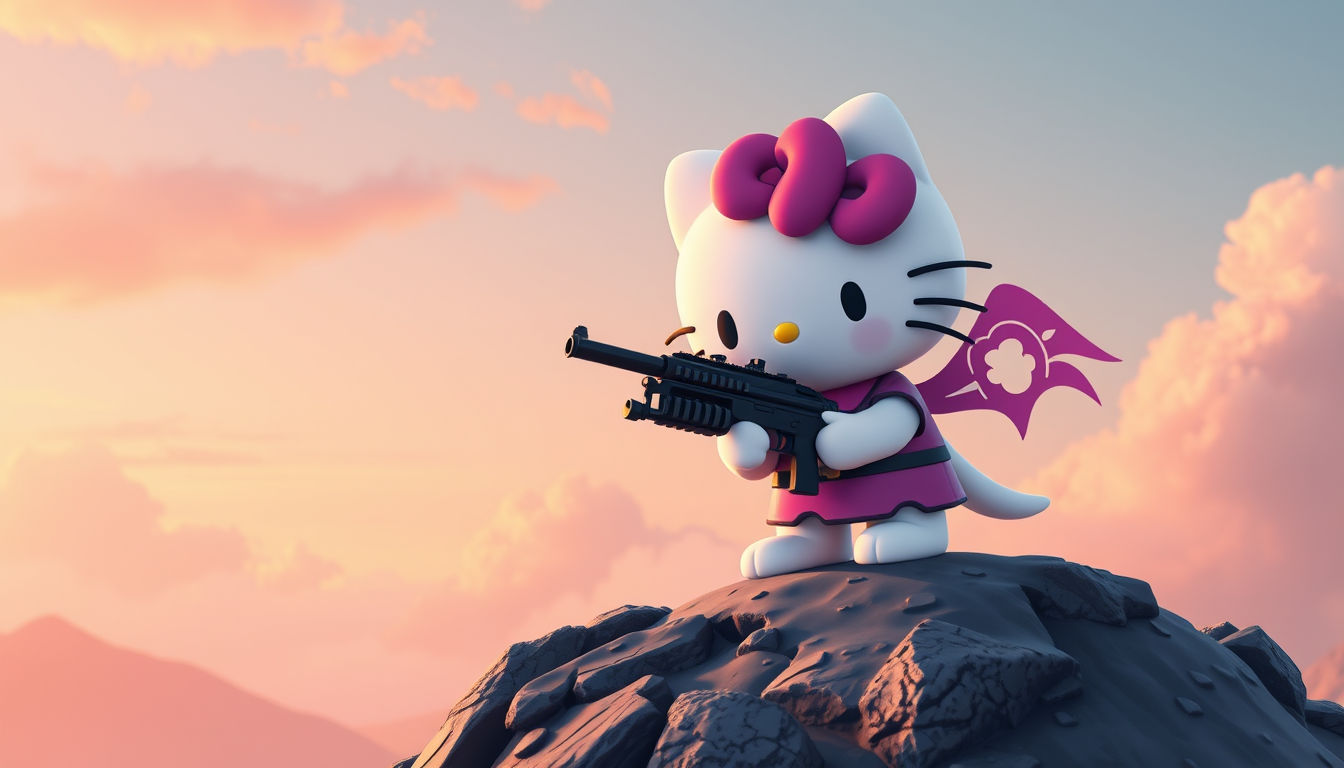 Main art studio: Hello Kitty mit waffen als Discord titelbild vernünftig Scharfschütze aimt liegt auf einen Berg