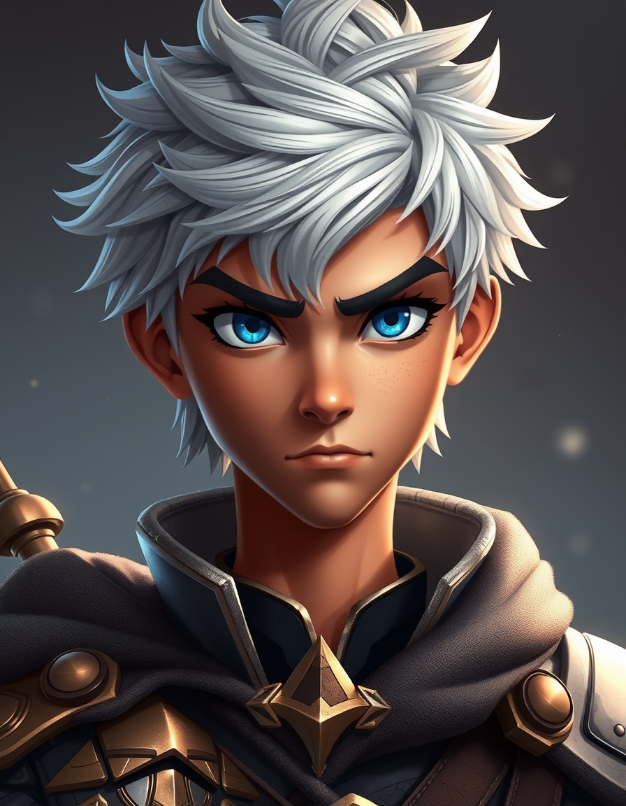 Main art studio: Young handsome fantasy prince, silver hair, blue eyes, deep caramel skin, strong gaze, serious and honorable, competitive and slightly arrogant, elega