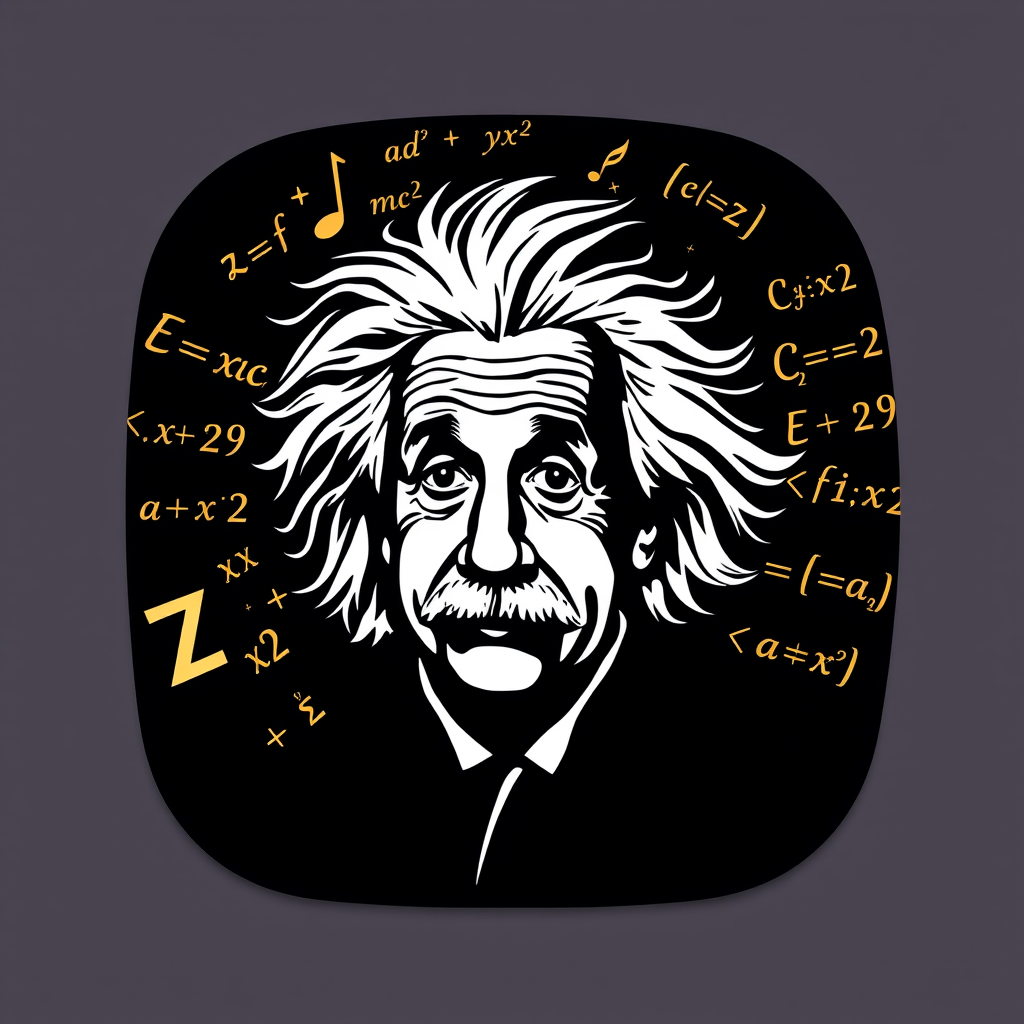 Main art studio: Modern professional app icon featuring a subtle Einstein-inspired portrait with wild hair. Around him, show REAL mathematical equations and formulas c