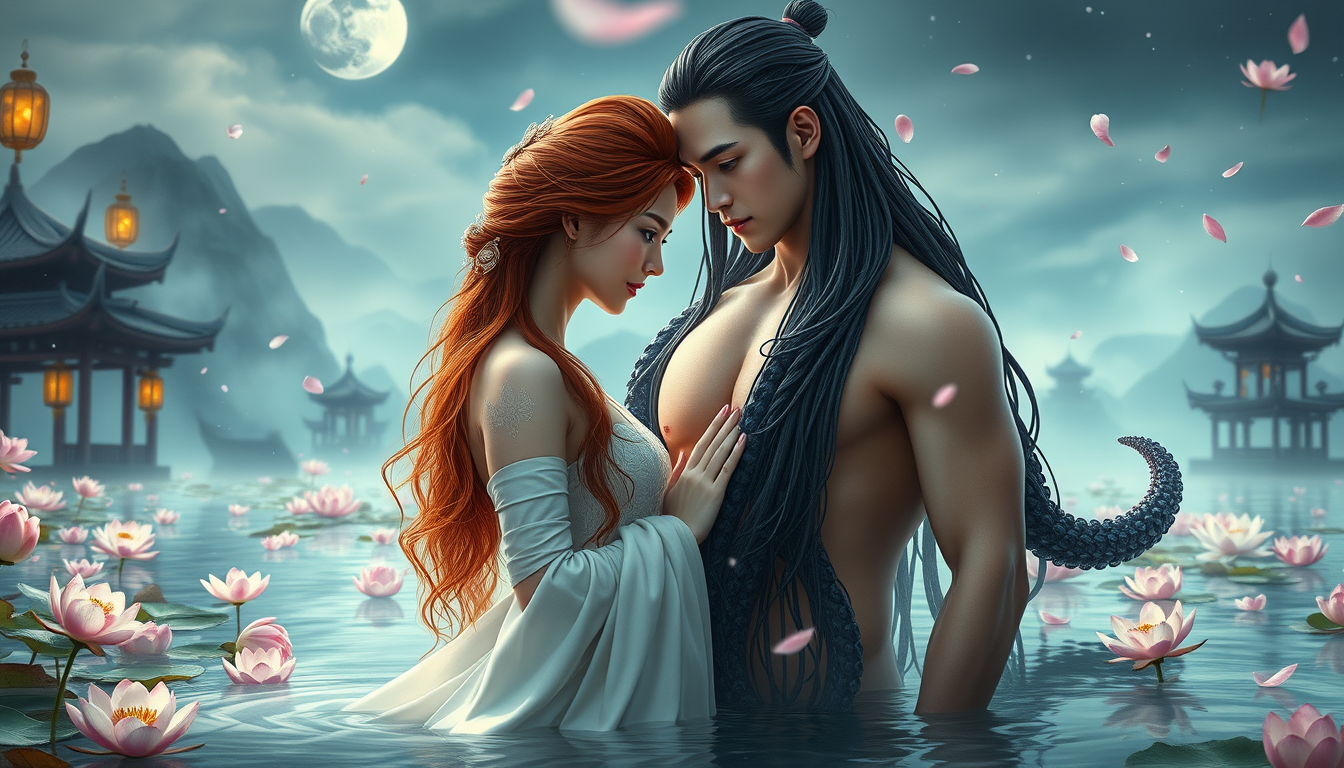 Main art studio: Cinematic Chinese Wuxia/Xianxia fantasy romance, photorealistic. Adult Korean humanoid Octopus King inspired by Zhang Linghe, handsome and regal, glow