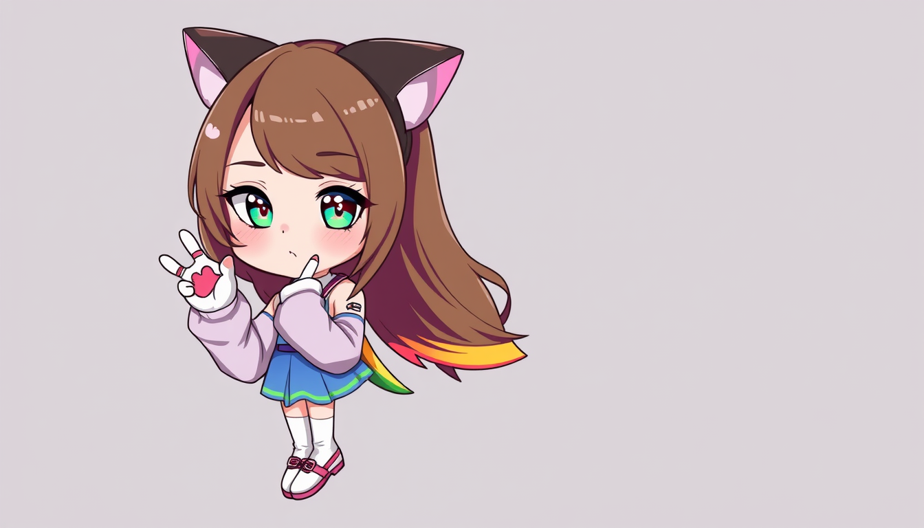 VTuber idea: vtuber avatar character, anime style, expressive face, streaming-ready design, Pale girl with rainbow eyes, brown and rainbow long hair, a rainbow lon