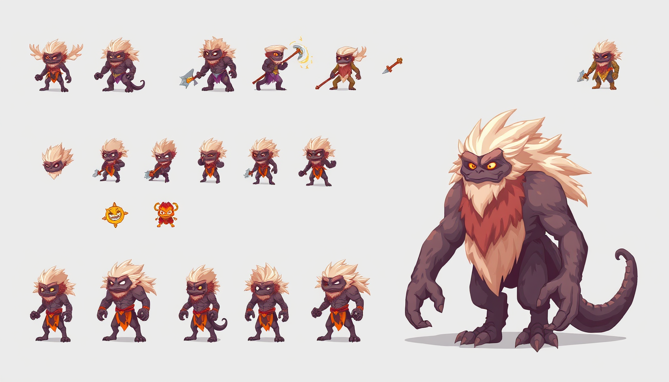 Sprite Sheet idea: sprite sheet, multiple character poses, clean grid layout, pixel game asset style, consistent character design, una criatura yeti hembra de 15 años bo