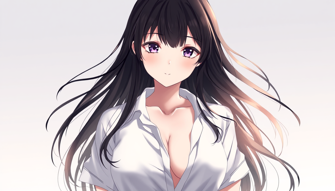 Main art studio: A very very very extremely hot ai/anime styled girl with long dark hair centred in the frame with here shirt off