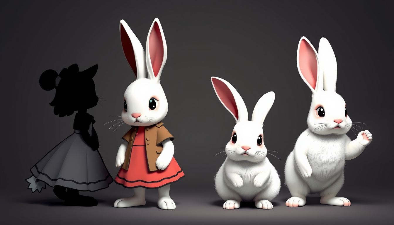 Characters idea: an original character defined by silhouette, role, outfit, palette, and expression, deliberate composition, 4 cute bunnies , polished image, coherent