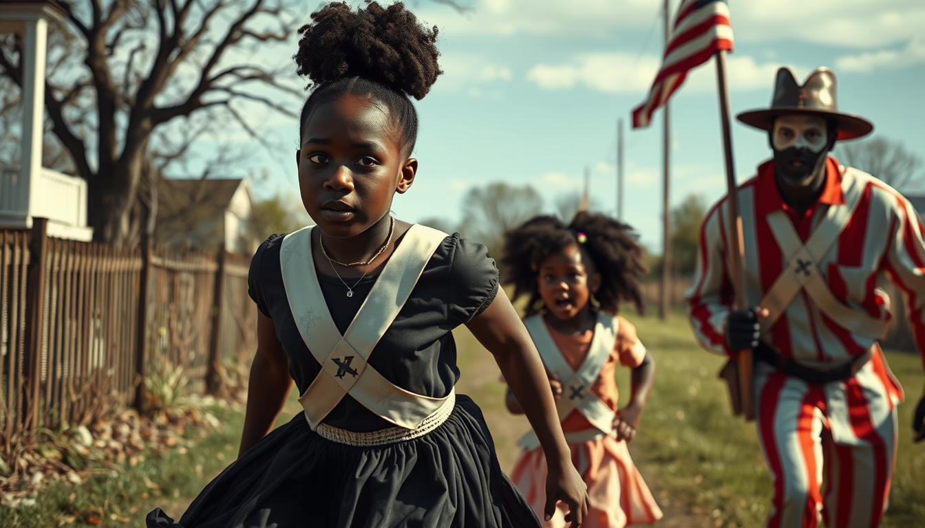Realistic Images idea: photorealistic generated image, natural materials and skin texture, physically plausible lighting, make an image of a black girl getting chased by a m