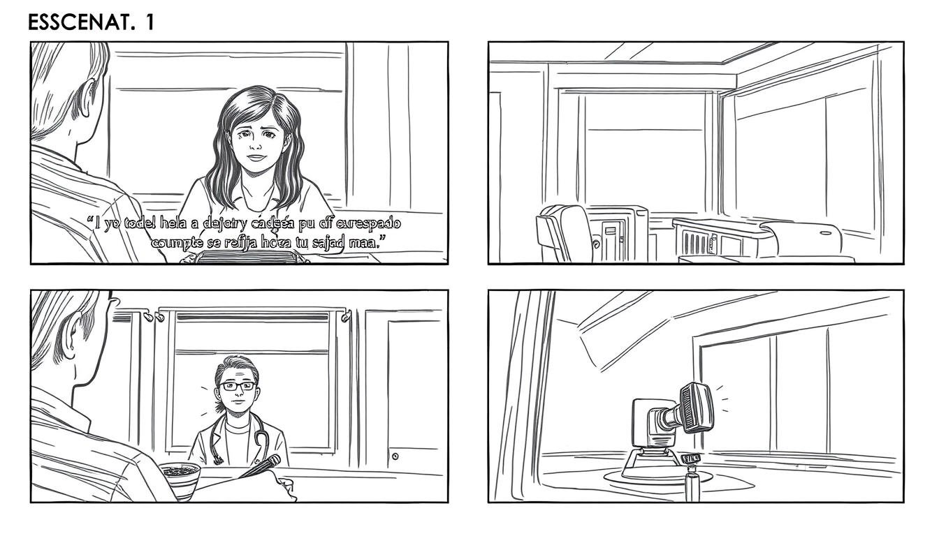 Storyboard idea created from the prompt: storyboard panels, cinematic shot sequence, clear camera angles, grayscale sketch layout, readable scene flow, ESCENA 1 Habla mirando a cáma