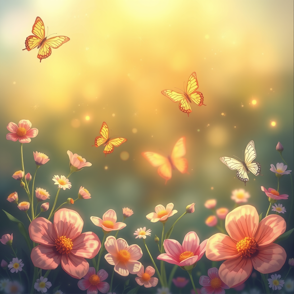 Main art studio: Create an image with flowers and butterflies, is 2d and uses artwork that looks like it could be in a kids story book starts that contains the followi