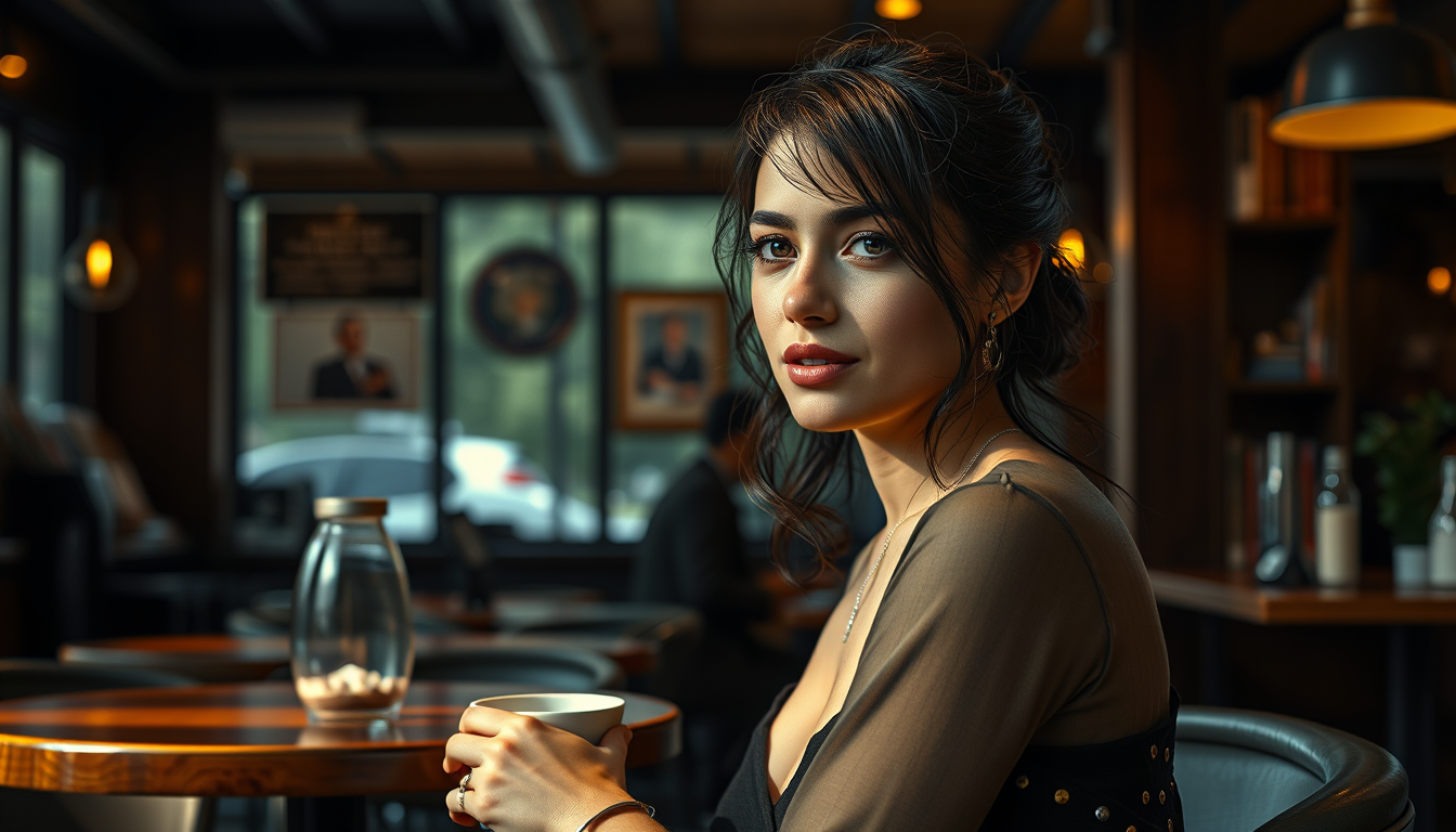 Realistic Images idea: photorealistic generated image, natural materials and skin texture, physically plausible lighting, A woman in a black dress at a coffee shop , coheren