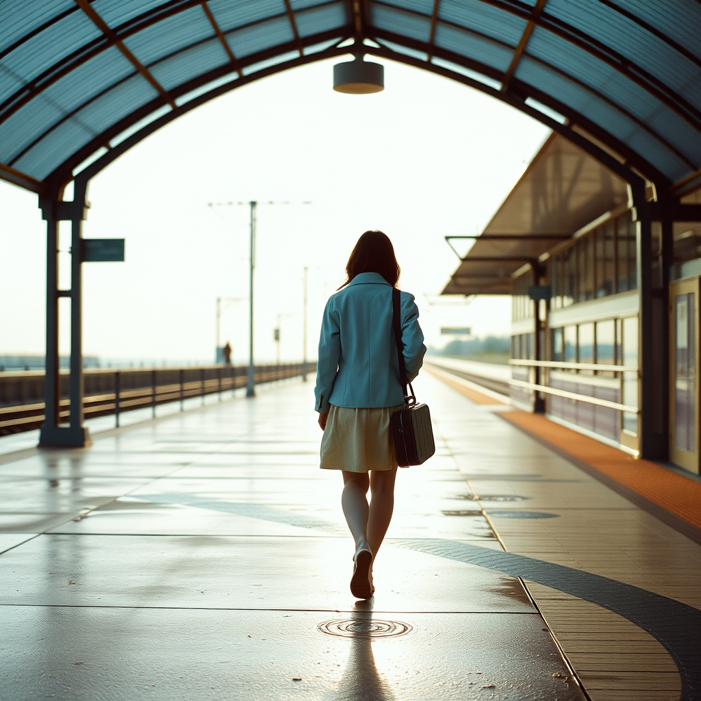 Main art studio: Square album cover, no text or logo. Airy fresh melodic pop. Wide cinematic scene: early-morning coastal train station after rain, wet pavement and gl