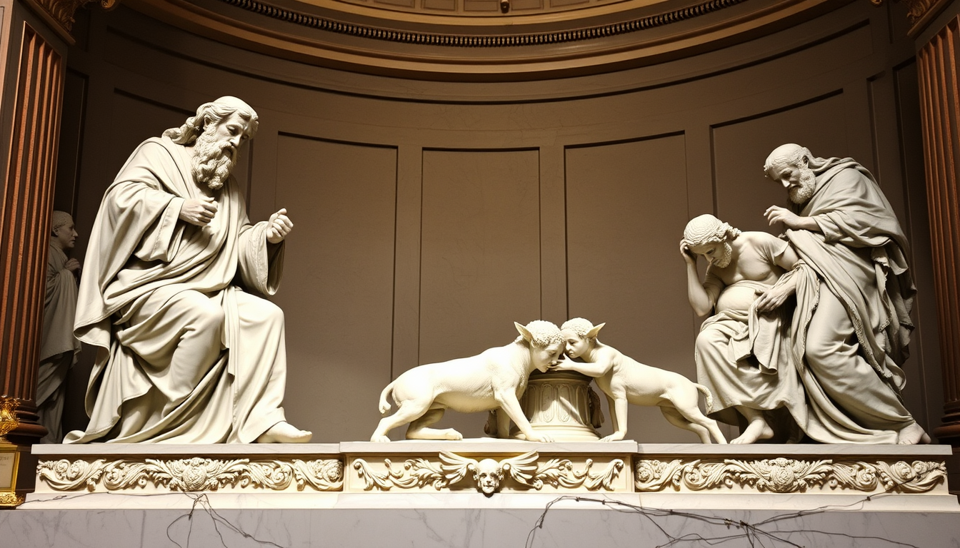 Main art studio: Hola vull una imatge d'una estàtua estil Bernini/Michael Angelo que parli sobre l'escena de la biblia del sacrifici d'adam. La escena es la seguent: a